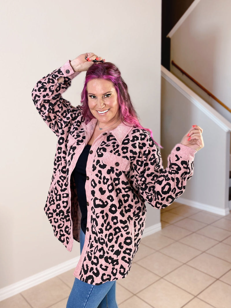 Printed Corduroy Jacket in Pink - S-XL