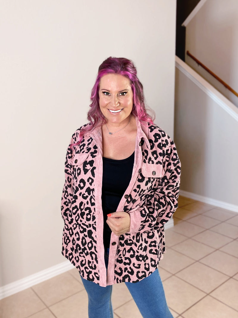 Printed Corduroy Jacket in Pink - S-XL
