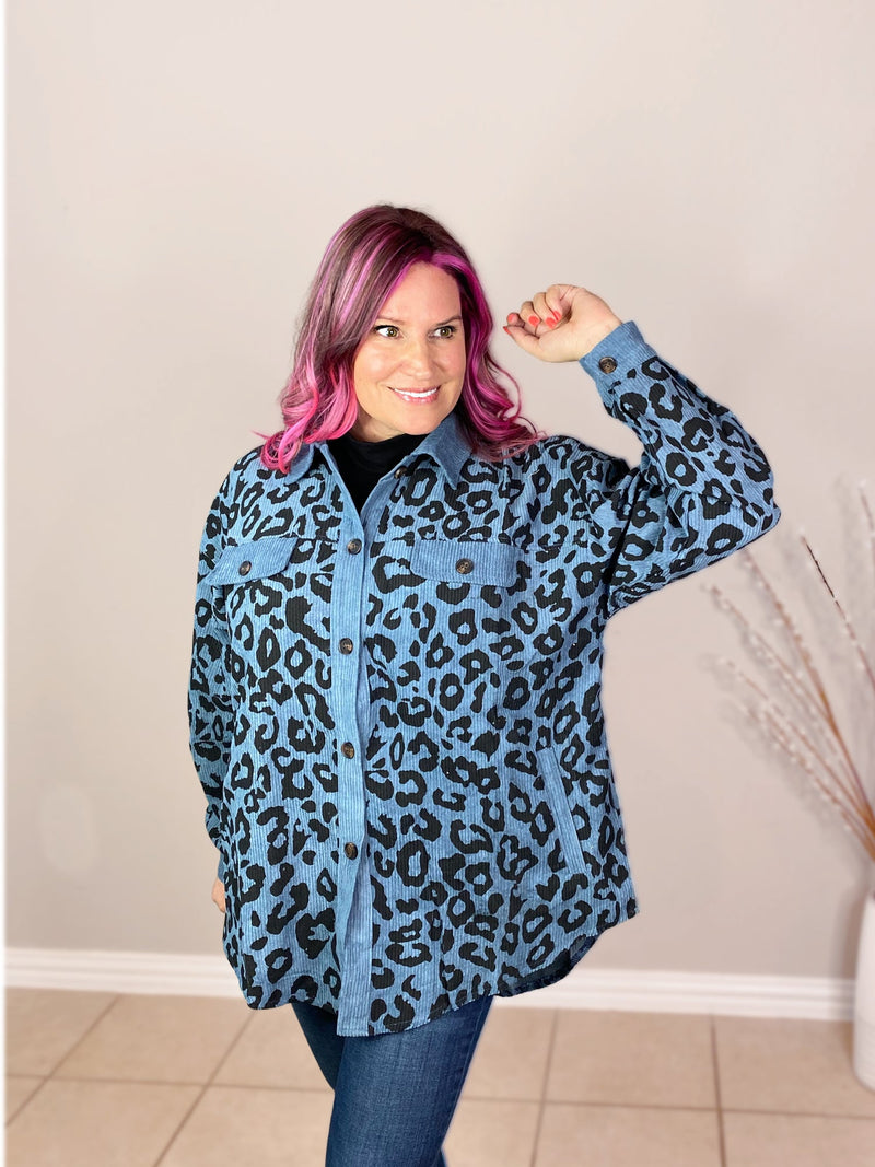 leopard print corduroy button jacket teal misty bd buttoned