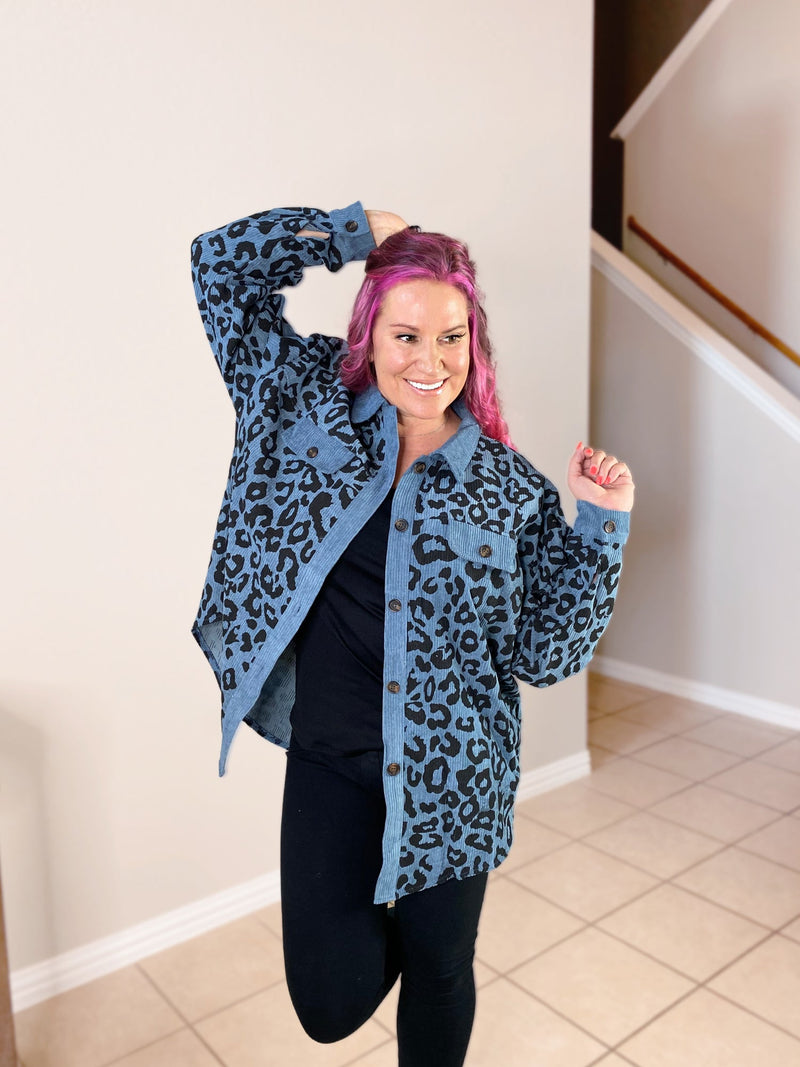 leopard print corduroy button jacket teal misty bd unbuttoned