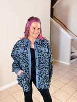 leopard print corduroy button jacket teal misty bd looking to the side