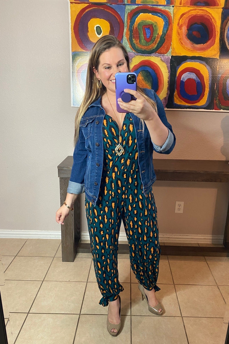 Peep Leg Jumpsuit in Teal Leopard - S-L