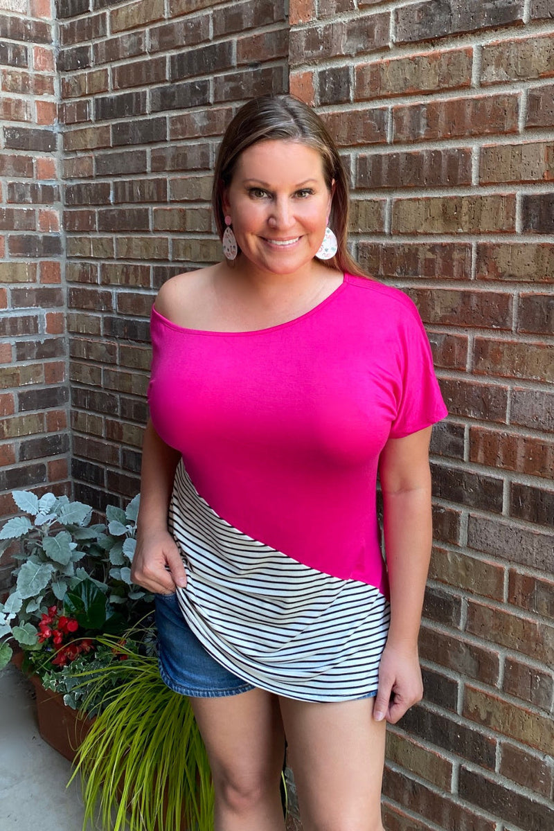 Solid & Stripes One Shoulder Top in Fuchsia - S-XL
