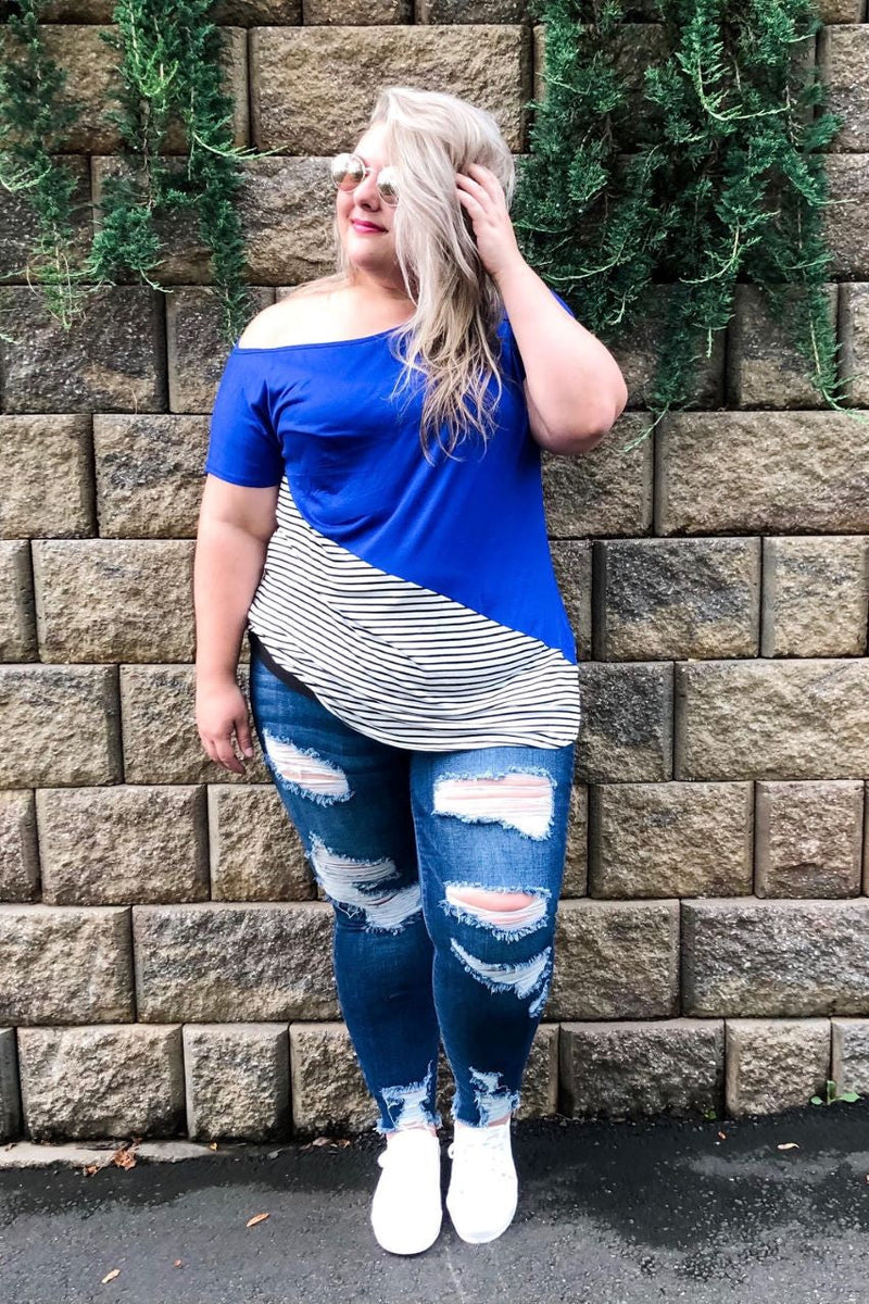 Solid & Stripes One Shoulder Top in Royal Blue - S-XL