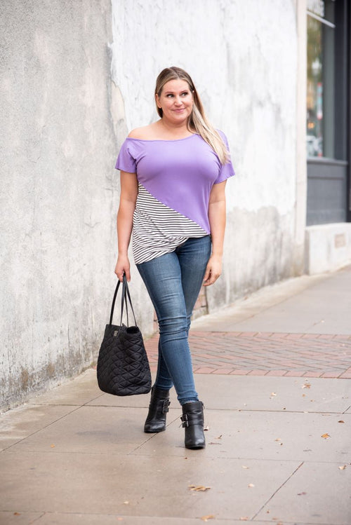 Solid & Stripes One Shoulder Top in Lavender - S-3X