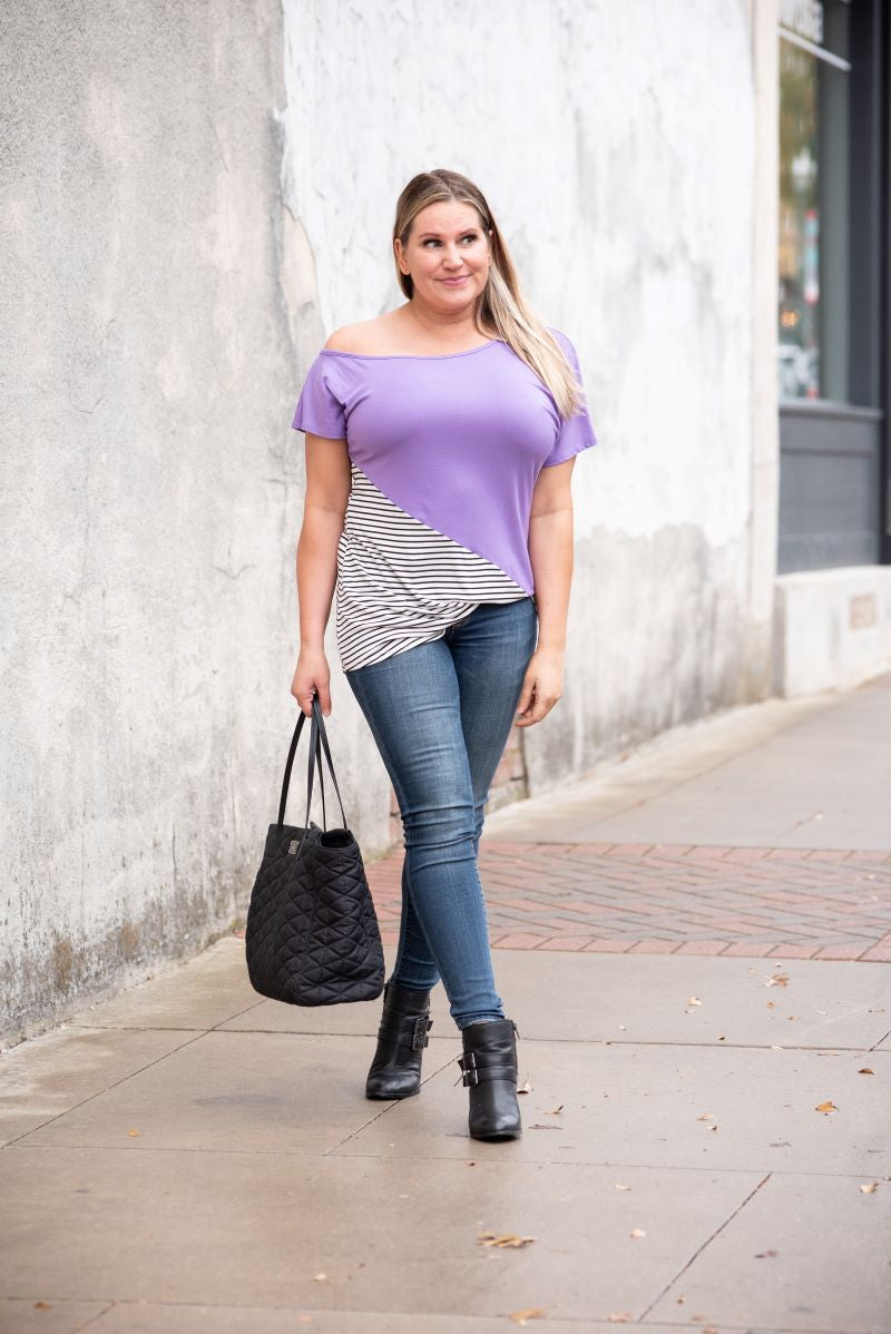 Solid & Stripes One Shoulder Top in Lavender - S-3X
