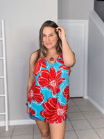 pleat front tank aqua base with red floral front view