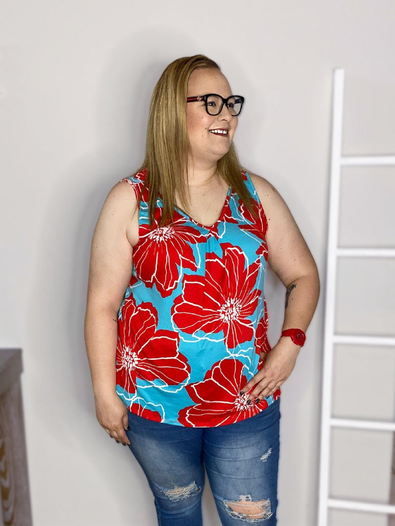 pleat front tank aqua base with red floral front view plus size