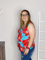pleat front tank aqua base with red floral side view plus size