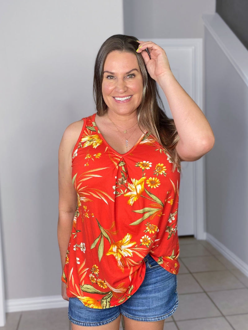 pleat front tank red base with yellow floral front view