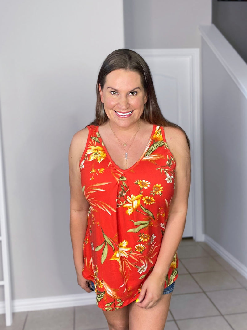 pleat front tank red base with yellow floral displaying pleat