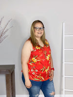 pleat front tank red base with yellow floral plus size side view