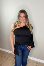 single shoulder top with waist sash