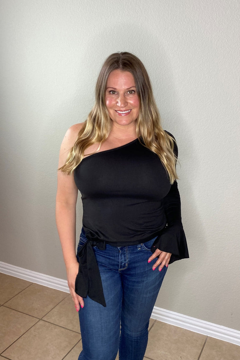 single shoulder top with waist sash