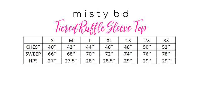 Tiered Ruffle Sleeve Top in black & white leopard size chart.