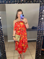 Tube Top Tie Waist Midi Dress in Red Floral - S-3X