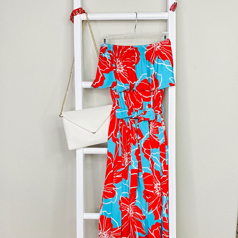 ruffle tube top midi dress with pockets on aqua base with red floral misty bd